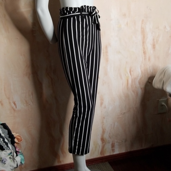 Black Striped Front Tie Pants Size Large - Picture 3 of 5